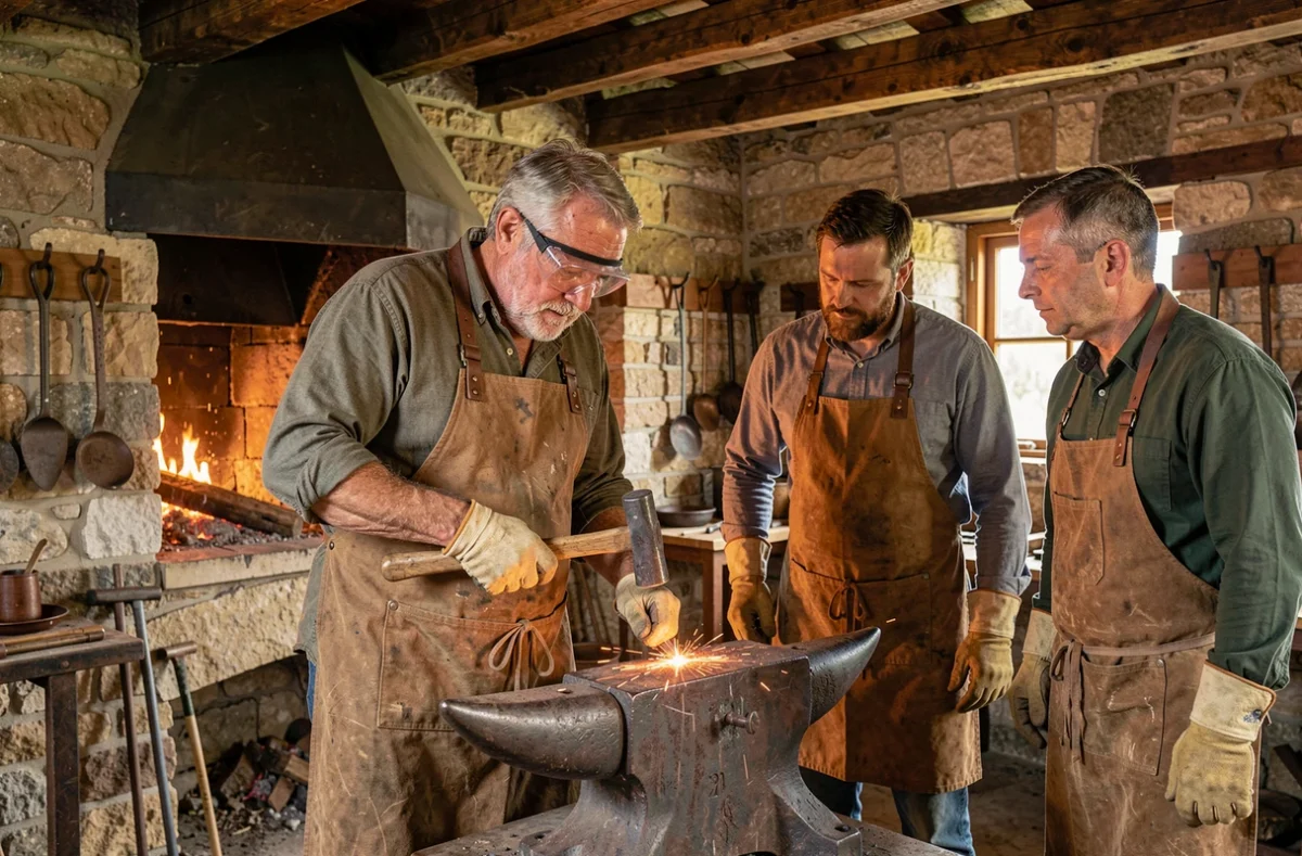 Artisan forgeron formant des adultes aux techniques de forge traditionnelle dans un atelier artisanal en Occitanie
