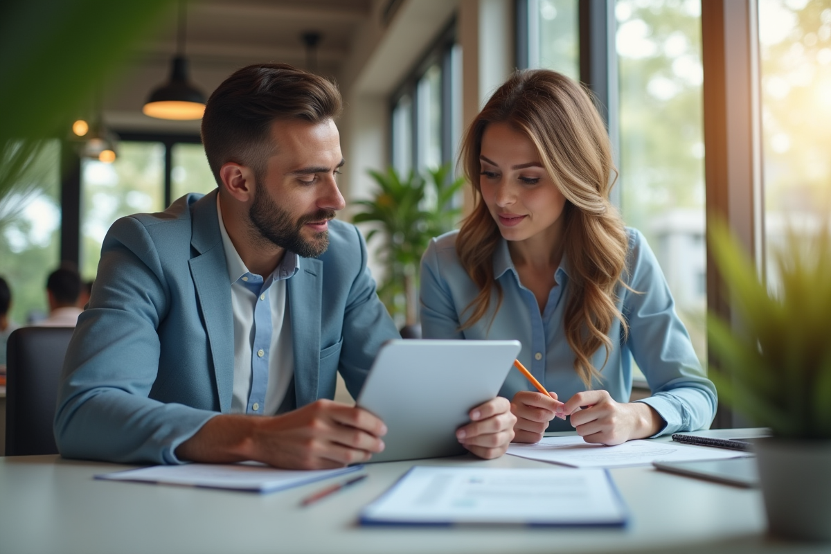 Manager mentorant un employe en discussion dans un bureau moderne