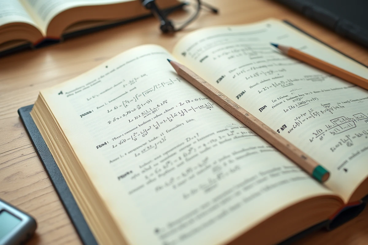 Vue aérienne d'un manuel de mathématiques ouvert sur les formules d'inversion de matrice 2x2 et de déterminant, avec annotations au crayon et calculatrice scientifique