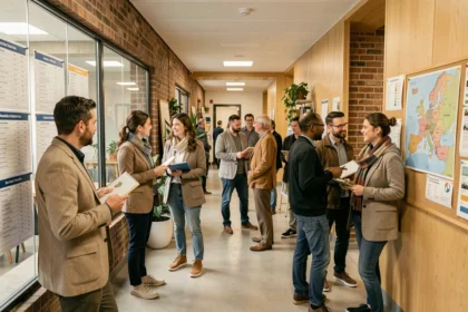 Groupe d'adultes en formation dans un centre pédagogique moderne de la Somme, consultant des programmes de cours dans un espace d'accueil lumineux