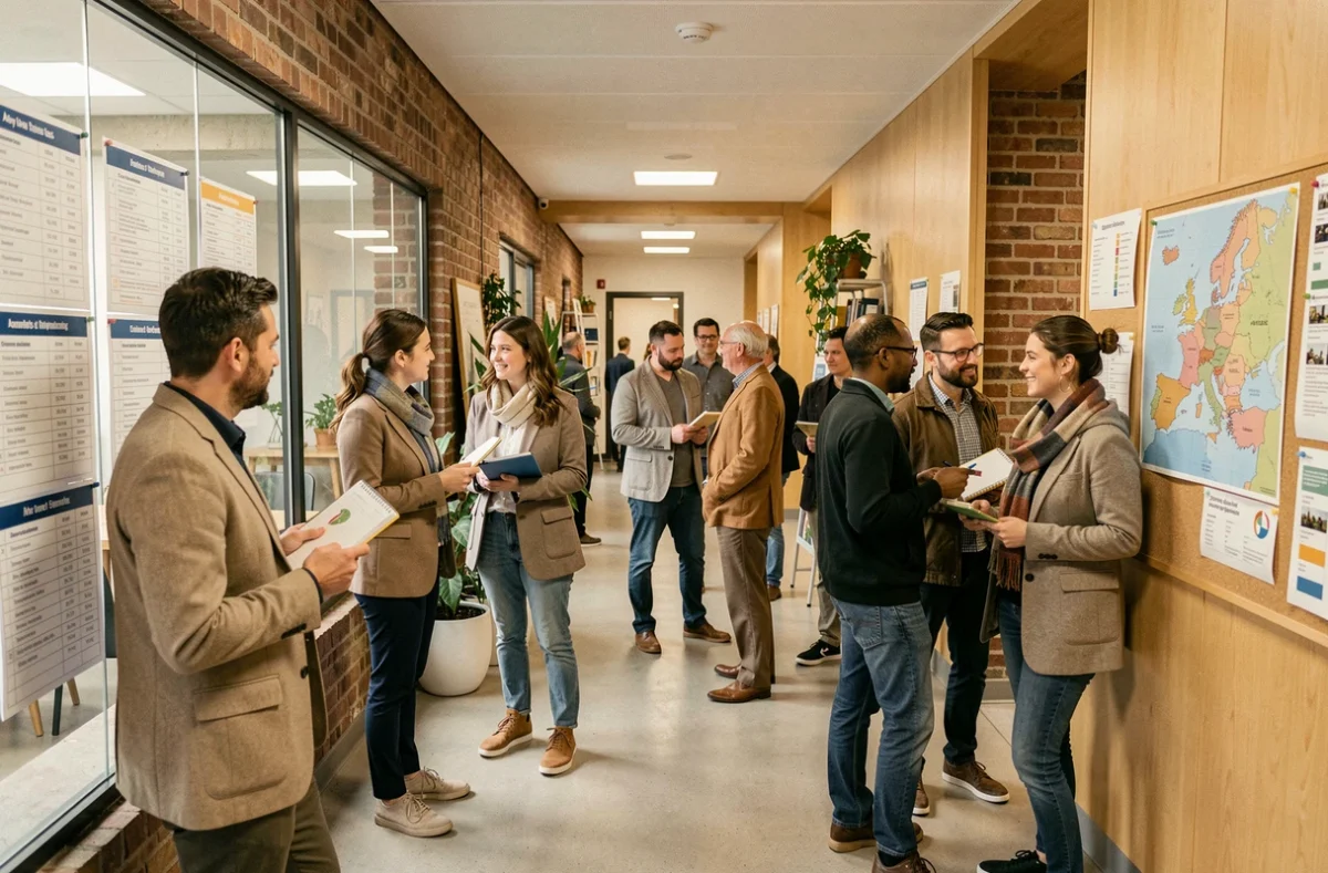 Groupe d'adultes en formation dans un centre pédagogique moderne de la Somme, consultant des programmes de cours dans un espace d'accueil lumineux