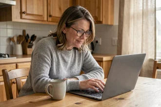 Mère attentive consultant le portail LISE ENSAM sur son ordinateur portable depuis son domicile pour suivre la scolarité de son enfant ingénieur