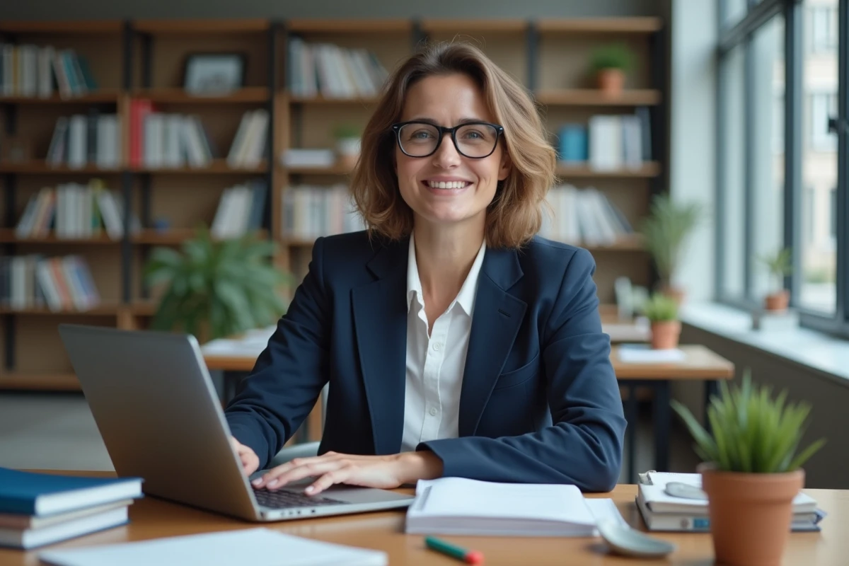 Enseignante utilisant la messagerie académique de Strasbourg sur un ordinateur portable dans un bureau universitaire moderne