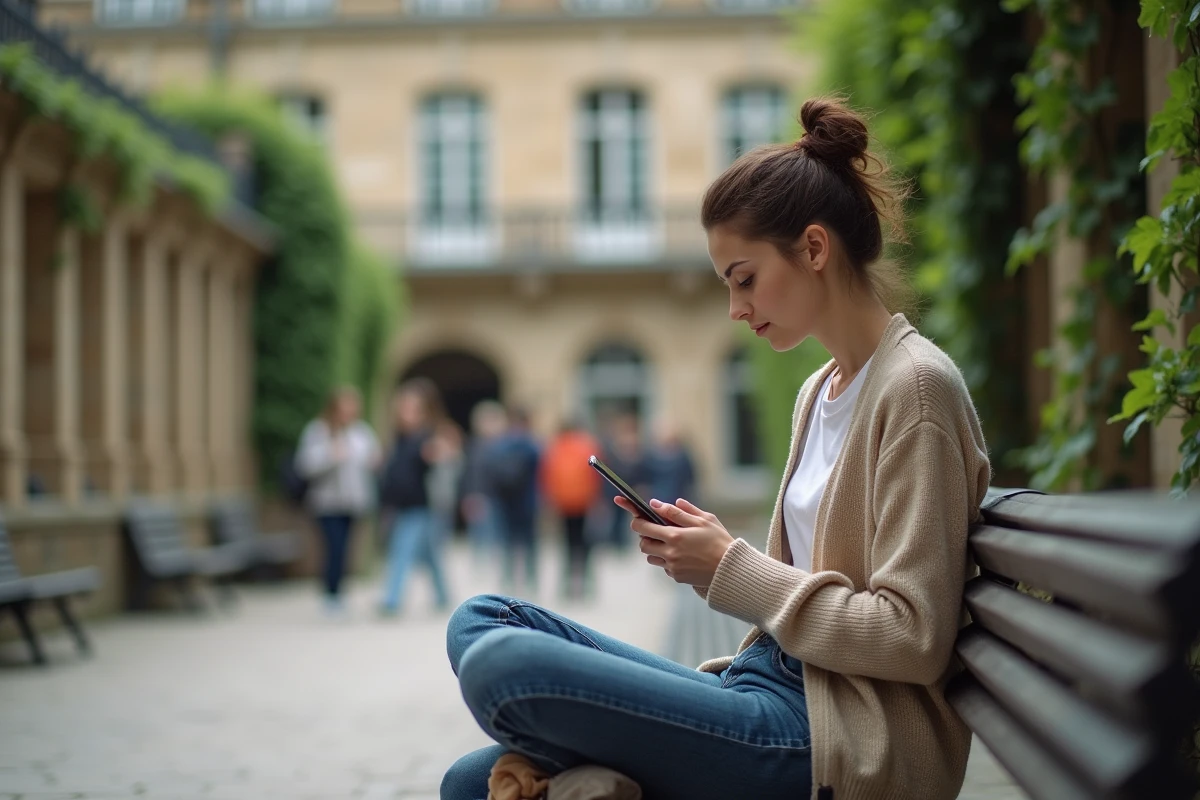 Étudiante consultant sa messagerie académique de Strasbourg sur smartphone dans une cour de campus universitaire