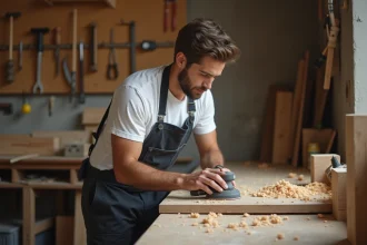 Jeune homme sans diplôme apprenant un métier manuel dans un atelier de menuiserie artisanale