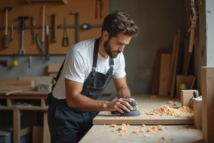 Jeune homme sans diplôme apprenant un métier manuel dans un atelier de menuiserie artisanale