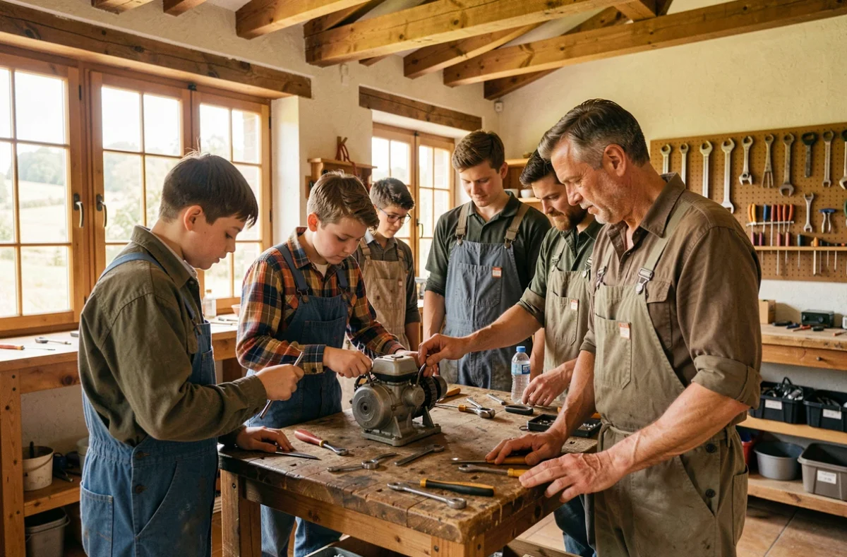 Apprenti de la MFR Berlencourt travaillant sur un projet technique sous la supervision d'un formateur dans un atelier rural