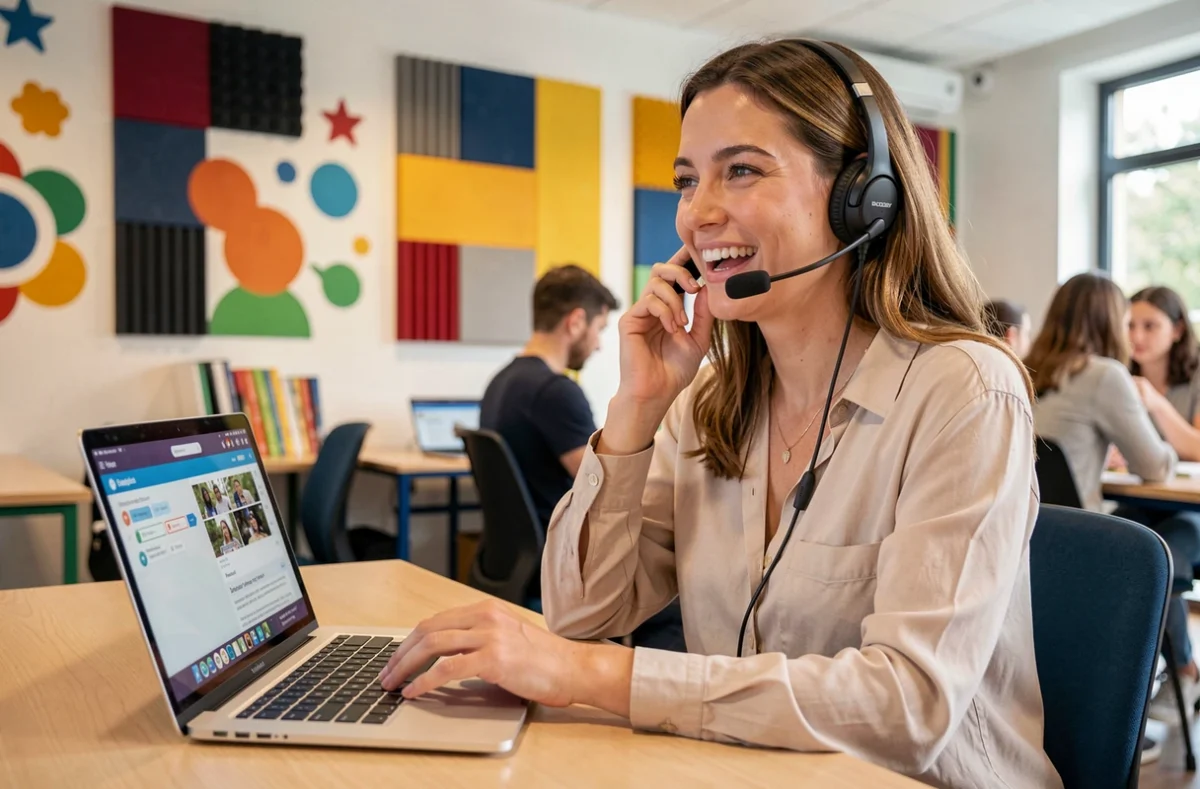 Apprenante adulte suivant un cours d'anglais en ligne et en présentiel chez My English School Lyon