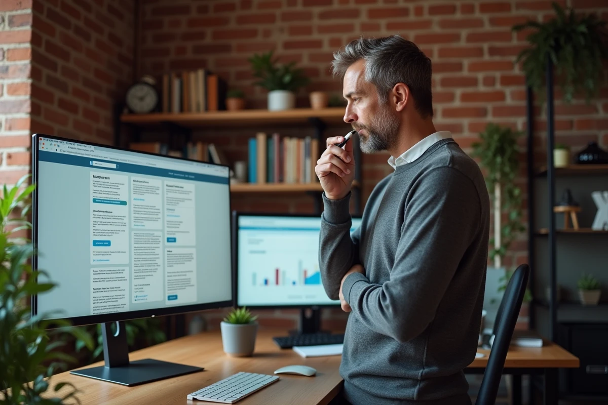 Homme consultant un template d'email marketing sur un grand écran dans un bureau à domicile, réfléchissant aux erreurs d'optimisation de campagne email