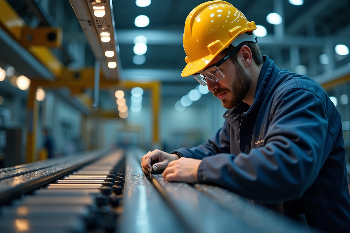 Ouvrier en sécurité inspectant un produit sur la chaîne de montage