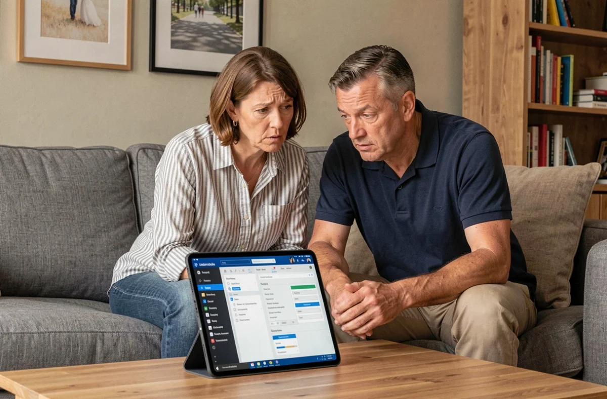 Parents de bachelier consultant l'ENT université Le Havre Normandie sur une tablette dans leur salon