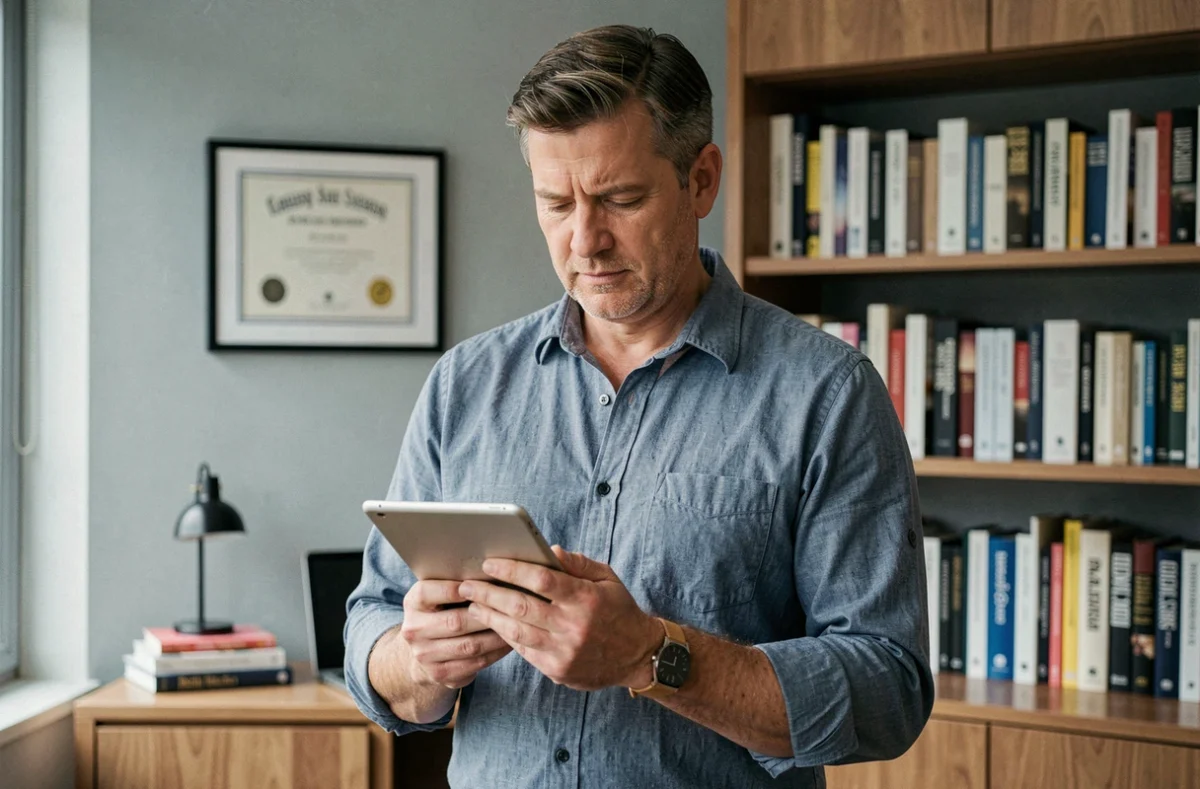 Père consultant les résultats académiques de son enfant ingénieur sur une tablette depuis un bureau à domicile via le portail ENSAM