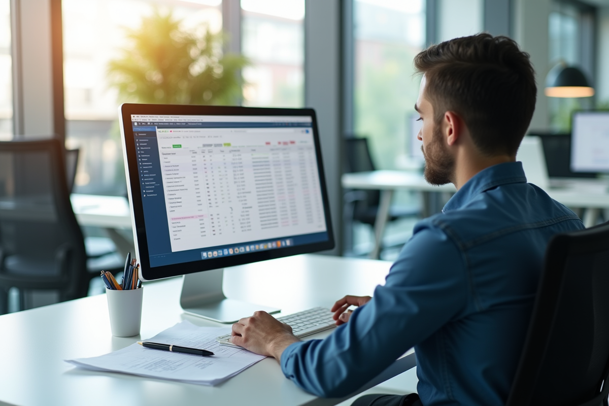 Personne travaillant à un bureau moderne avec logiciel comptable