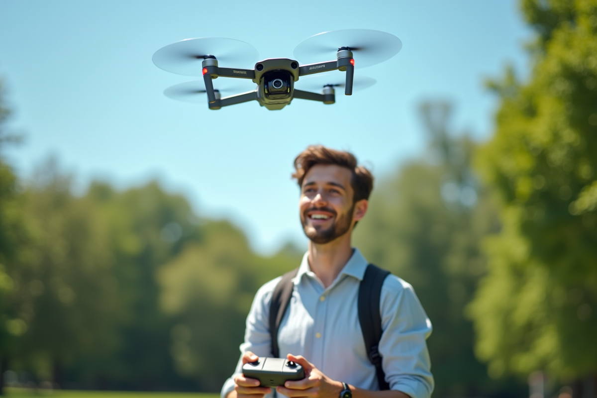 Jeune homme pilotant un drone dans un parc en journée