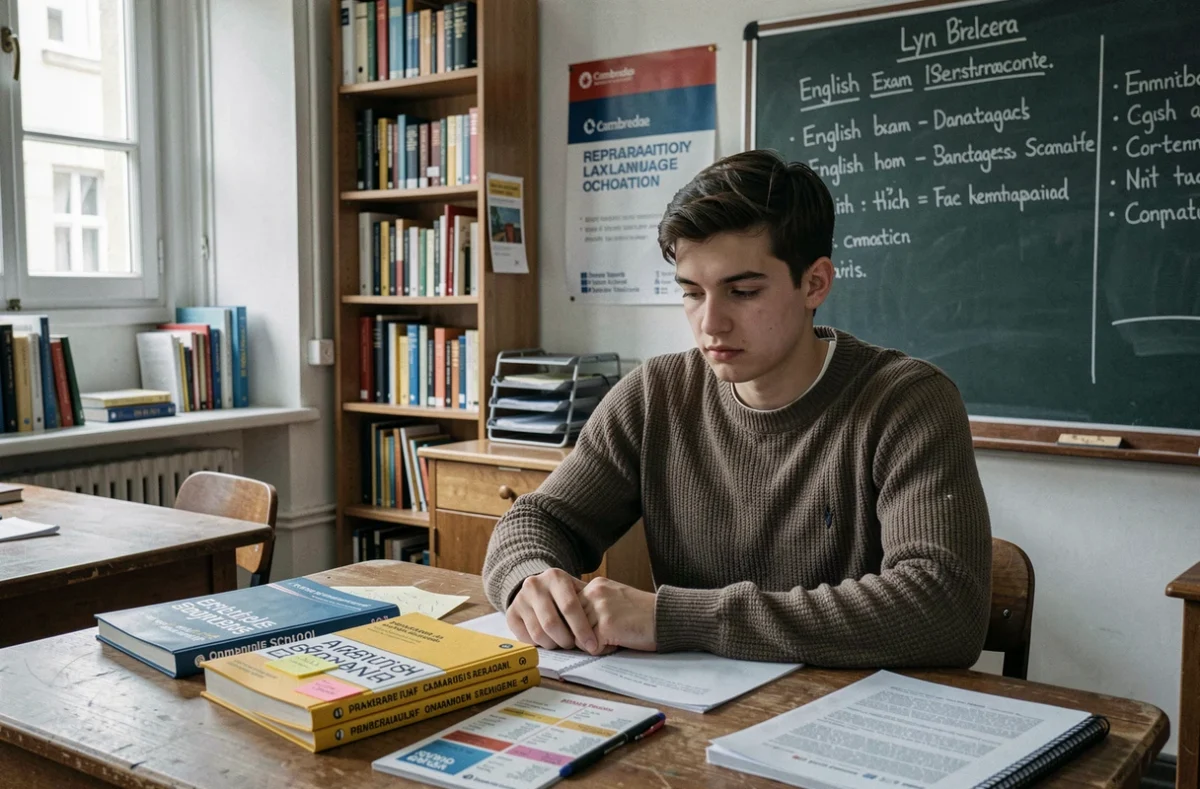 Étudiant en préparation aux examens d'anglais chez Pôle Prépa English Lyon avec manuels et notes