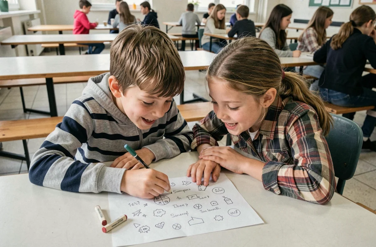 Deux élèves de CM2 préparant ensemble les idées pour le programme du délégué de classe pendant la récréation