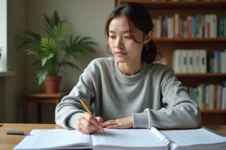 Jeune femme préparant le TOEIC à son bureau avec des cahiers d'exercices et des fiches de vocabulaire