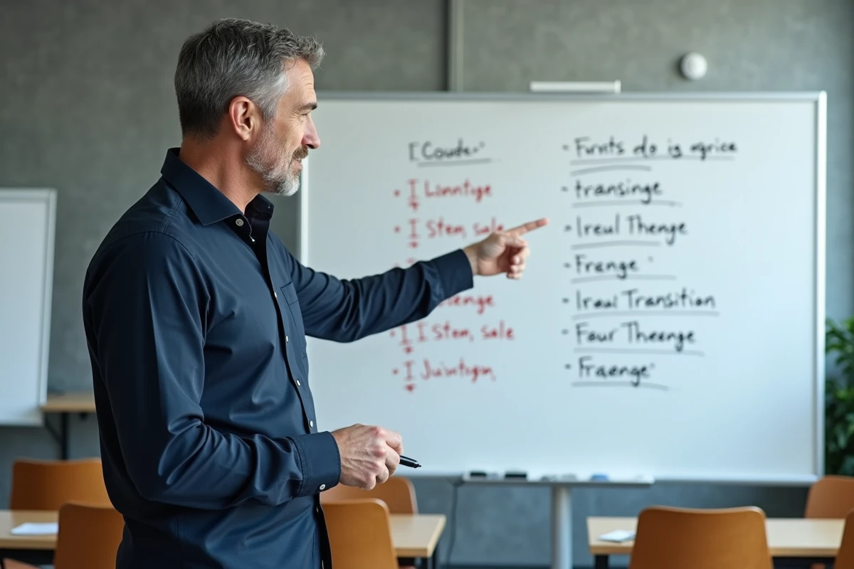 Professeur expliquant la différence entre connecteurs logiques et mots de liaison devant un tableau blanc dans une salle de classe moderne