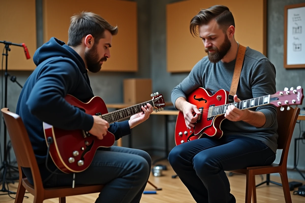 Professeur de guitare rock enseignant un accord blues à un élève dans une salle de répétition avec panneaux acoustiques et tableau d'accords