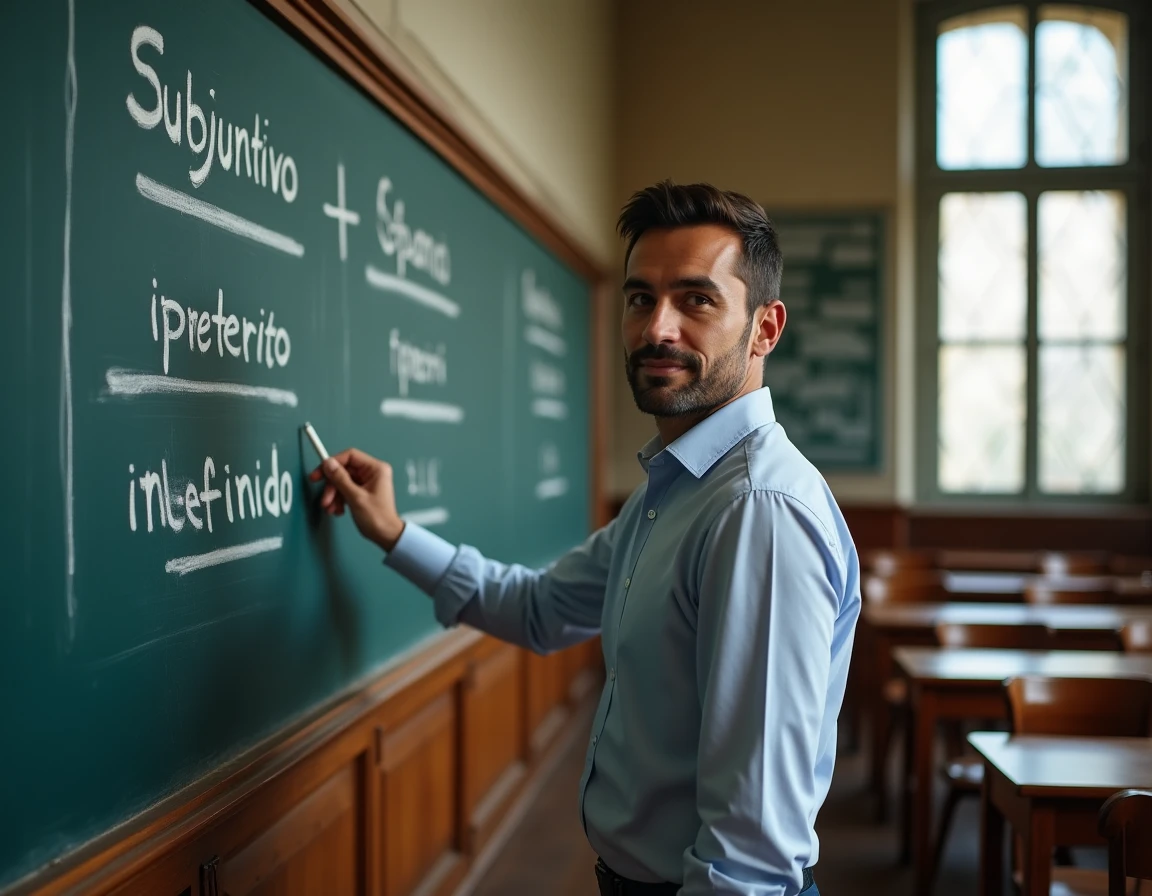 Professeur d'espagnol écrivant les conjugaisons du subjonctif imparfait et du passé simple au tableau noir dans une salle de classe universitaire
