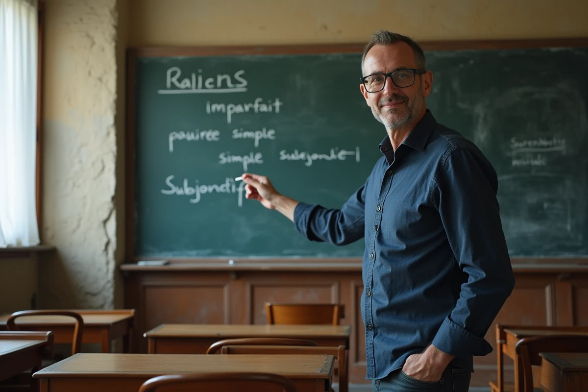Professeur de français devant un tableau avec les temps de l'indicatif écrits à la craie dans une salle de classe