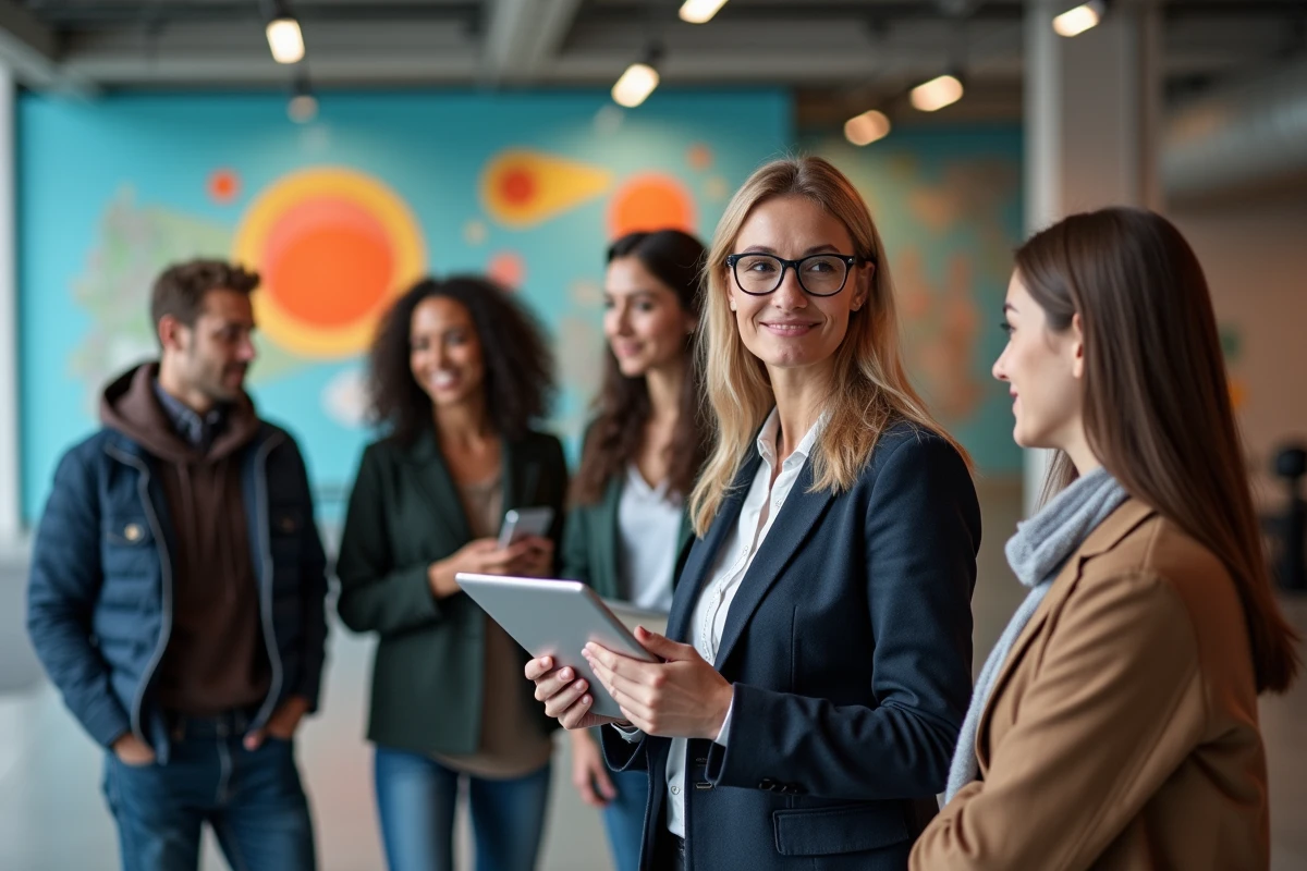 Professeure guidant des étudiants dans les locaux modernes