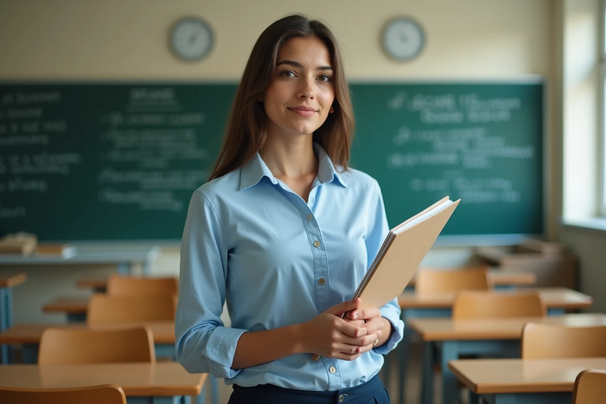 Jeune professeure débutante debout devant un tableau de classe, tenant un cahier de cours dans une salle de classe française