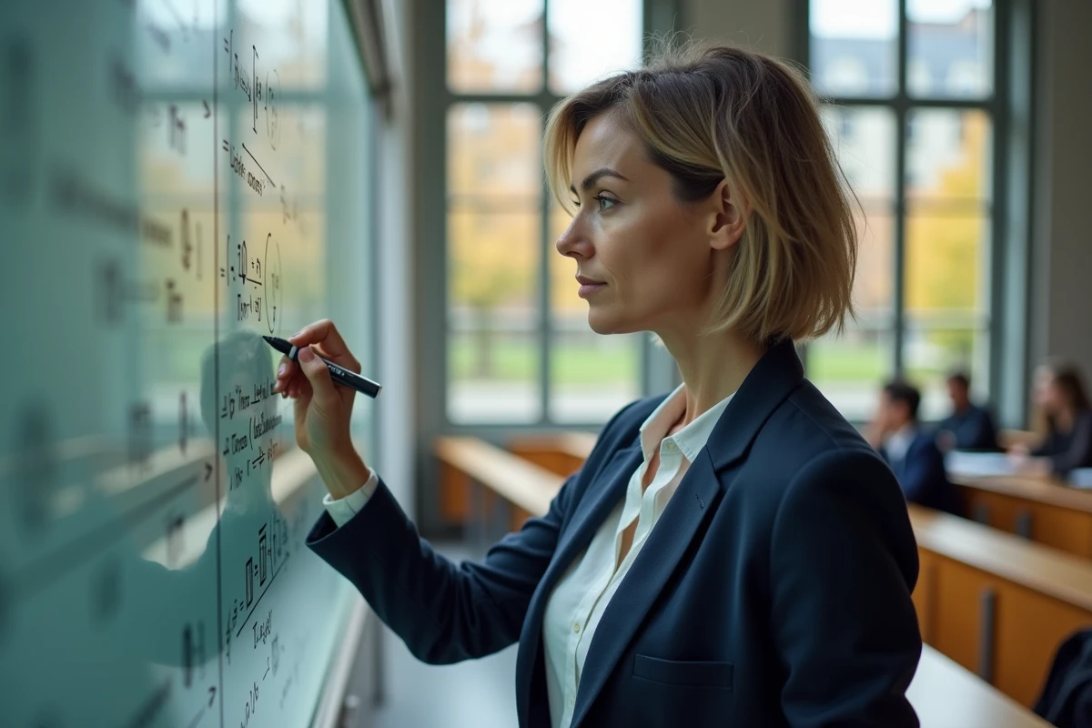 Professeure de finance quantitative devant un tableau blanc couvert d'équations stochastiques dans un amphithéâtre universitaire parisien