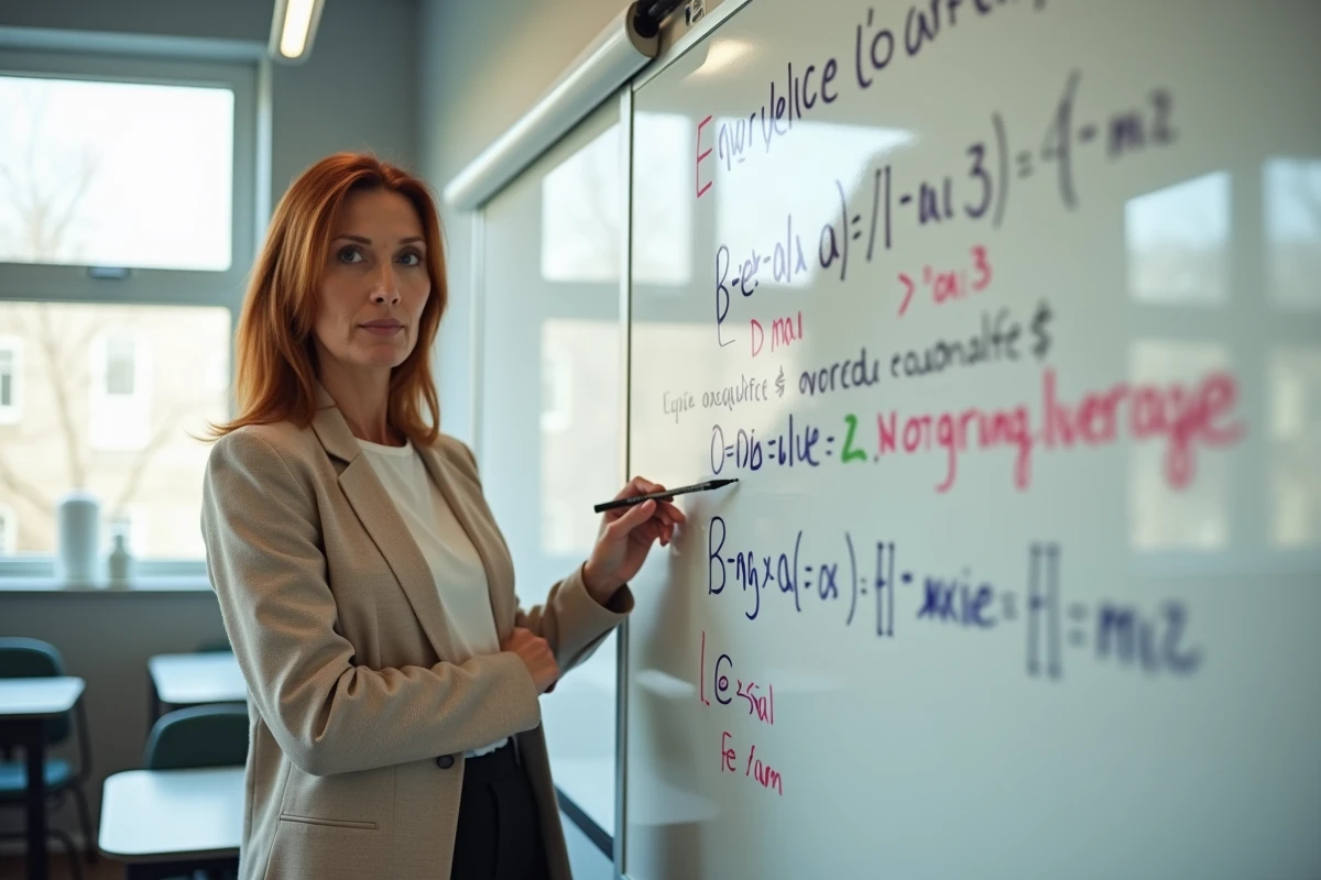 Professeure expliquant le calcul de la moyenne avec coefficients au tableau blanc dans une salle de lycée