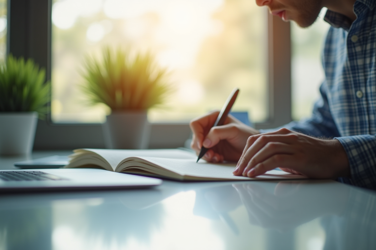 Professionnel écrivant sur un bloc-notes lumineux et moderne