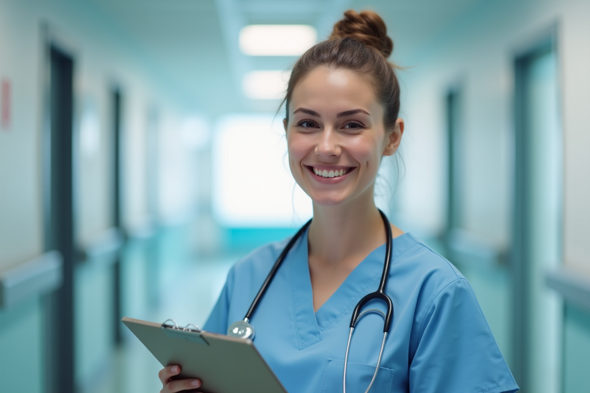 Jeune professionnel de santé souriant dans un hôpital lumineux