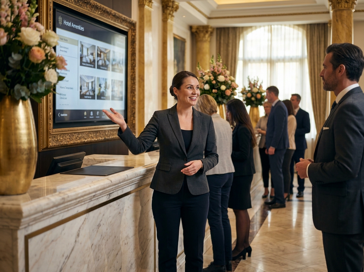 Professionnelle de l'hôtellerie internationale accueillant un client à la réception d'un hôtel de luxe