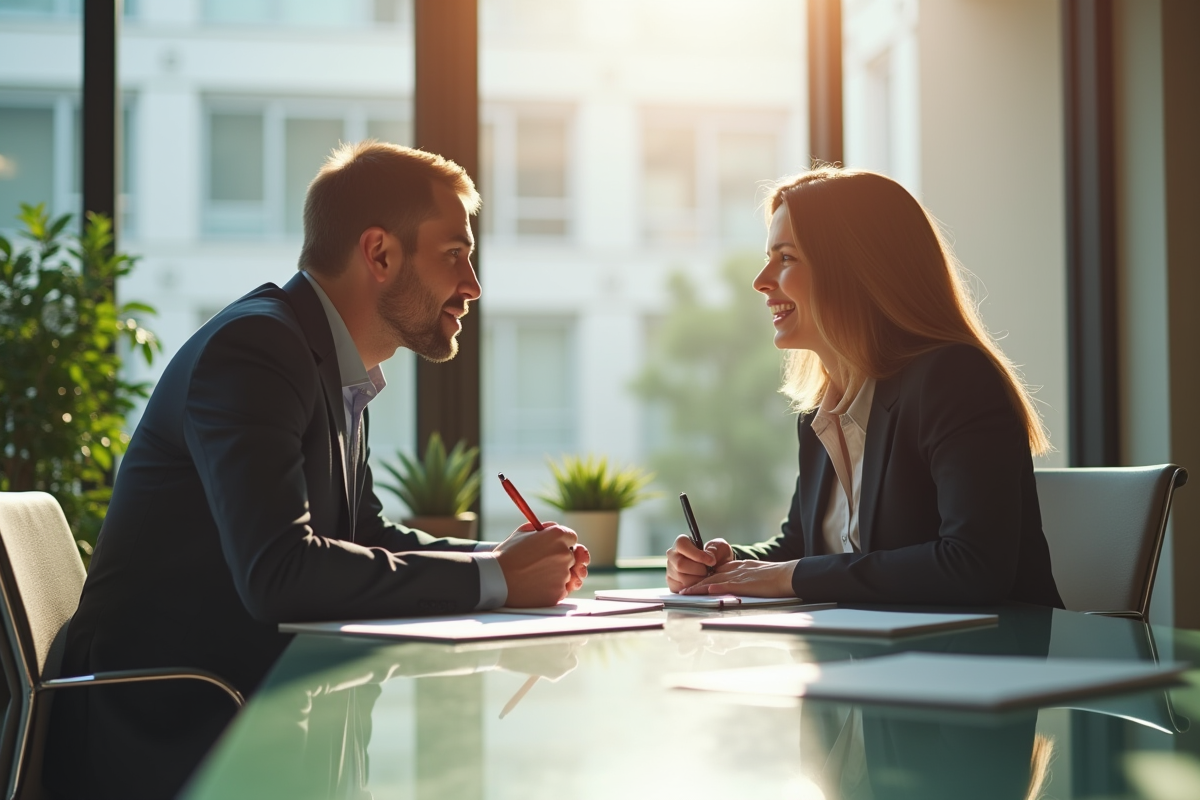 Deux professionnels en réunion dans un bureau moderne parlant différentes langues