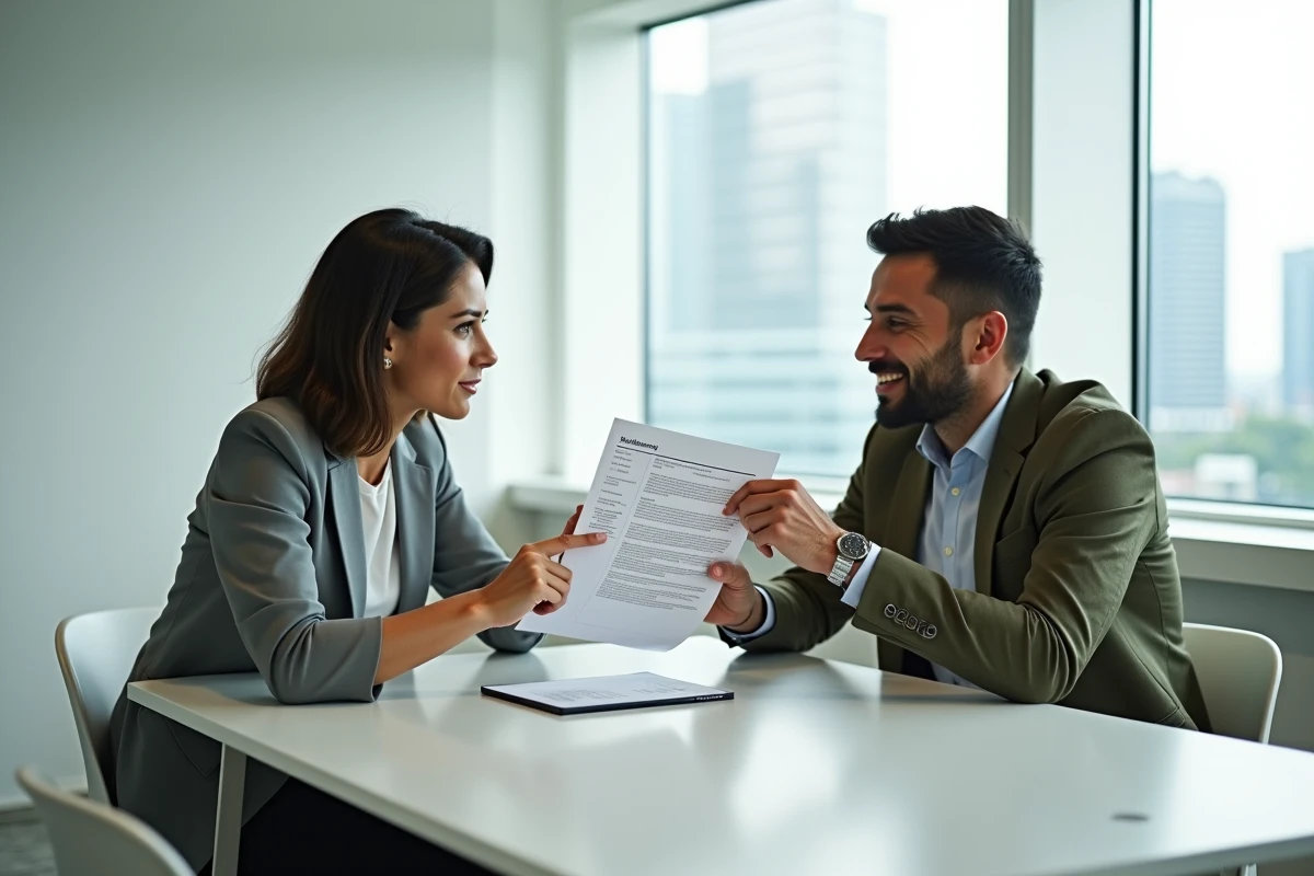 Deux professionnels en réunion analysant ensemble une feuille de route d'orientation professionnelle dans un bureau moderne