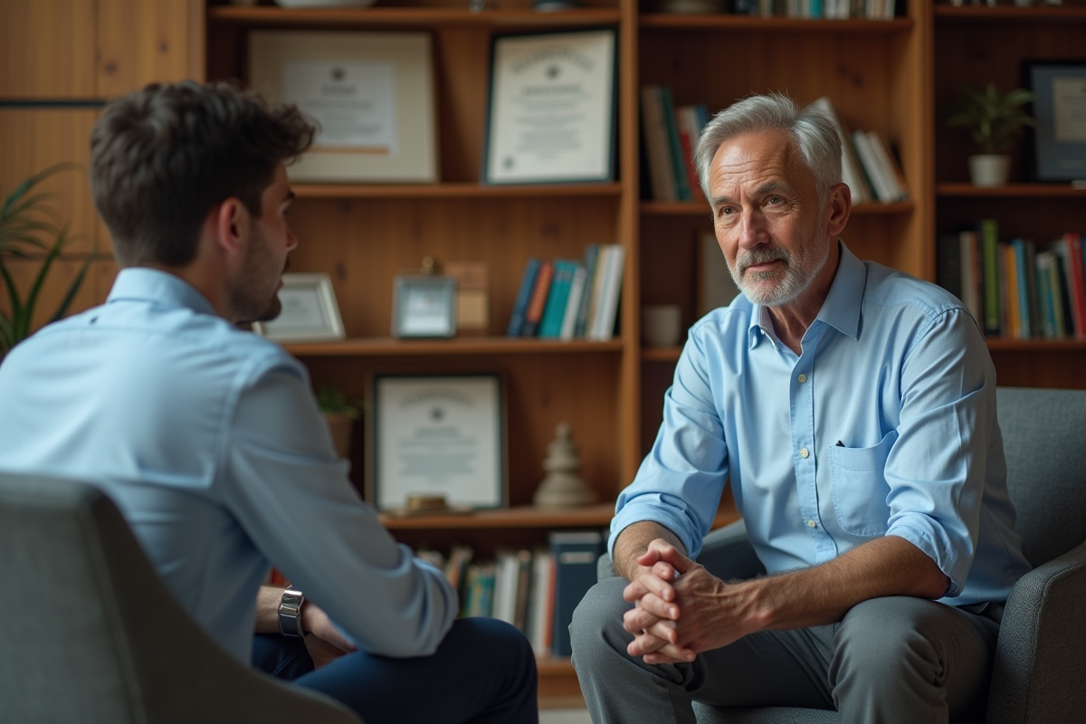 Psychologue en discussion avec un jeune client dans un cabinet