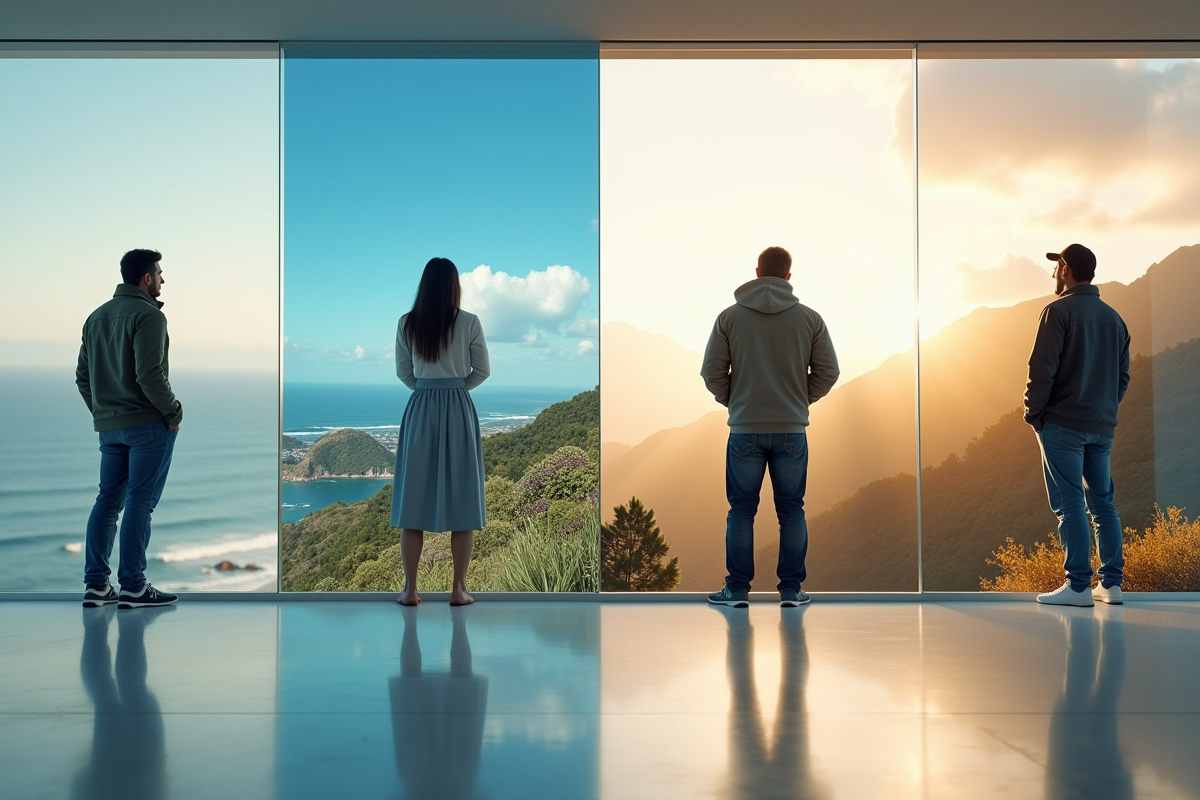 Quatre personnes dans une pièce moderne représentant différents environnements