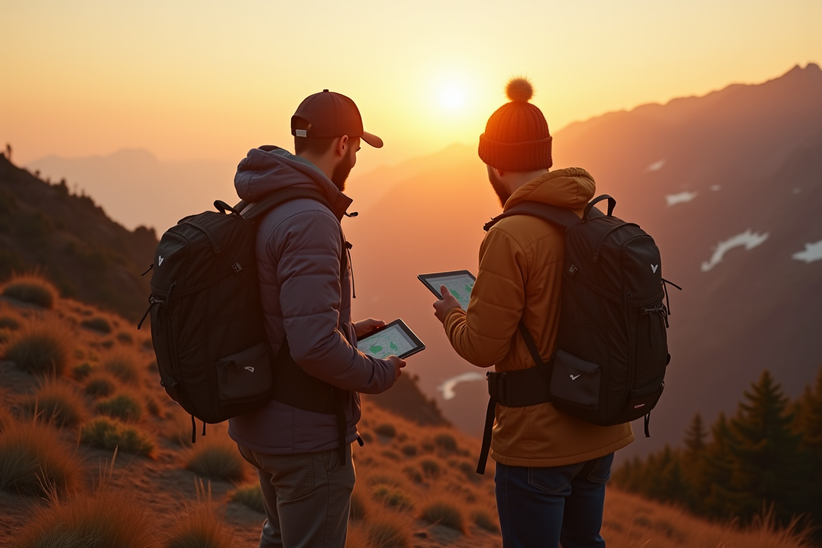 Deux amis en randonnée regardant une carte digitale au lever du soleil