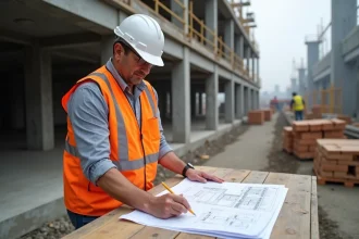 Homme en reconversion professionnelle étudiant des plans sur un chantier de construction BTP