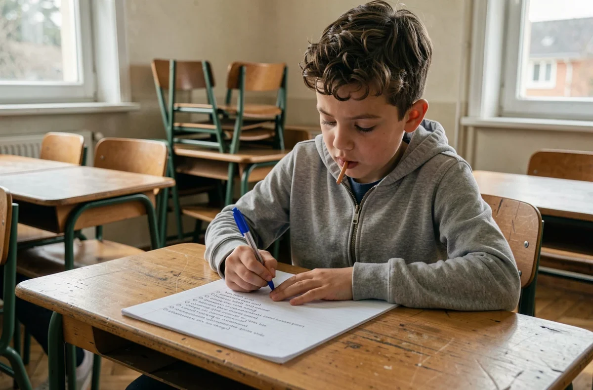 Écolier de CM2 rédigeant son programme de délégué de classe avec soin dans un cahier sur un bureau d'école