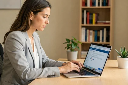 Femme configurant les paramètres de confidentialité de l'ENT AMU sur un ordinateur portable dans un bureau à domicile