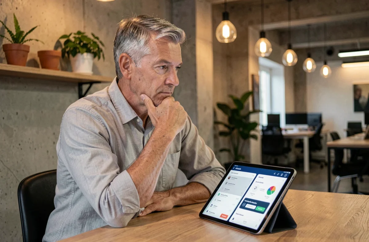 Responsable formation comparant deux plateformes LMS sur une tablette dans un espace de coworking moderne