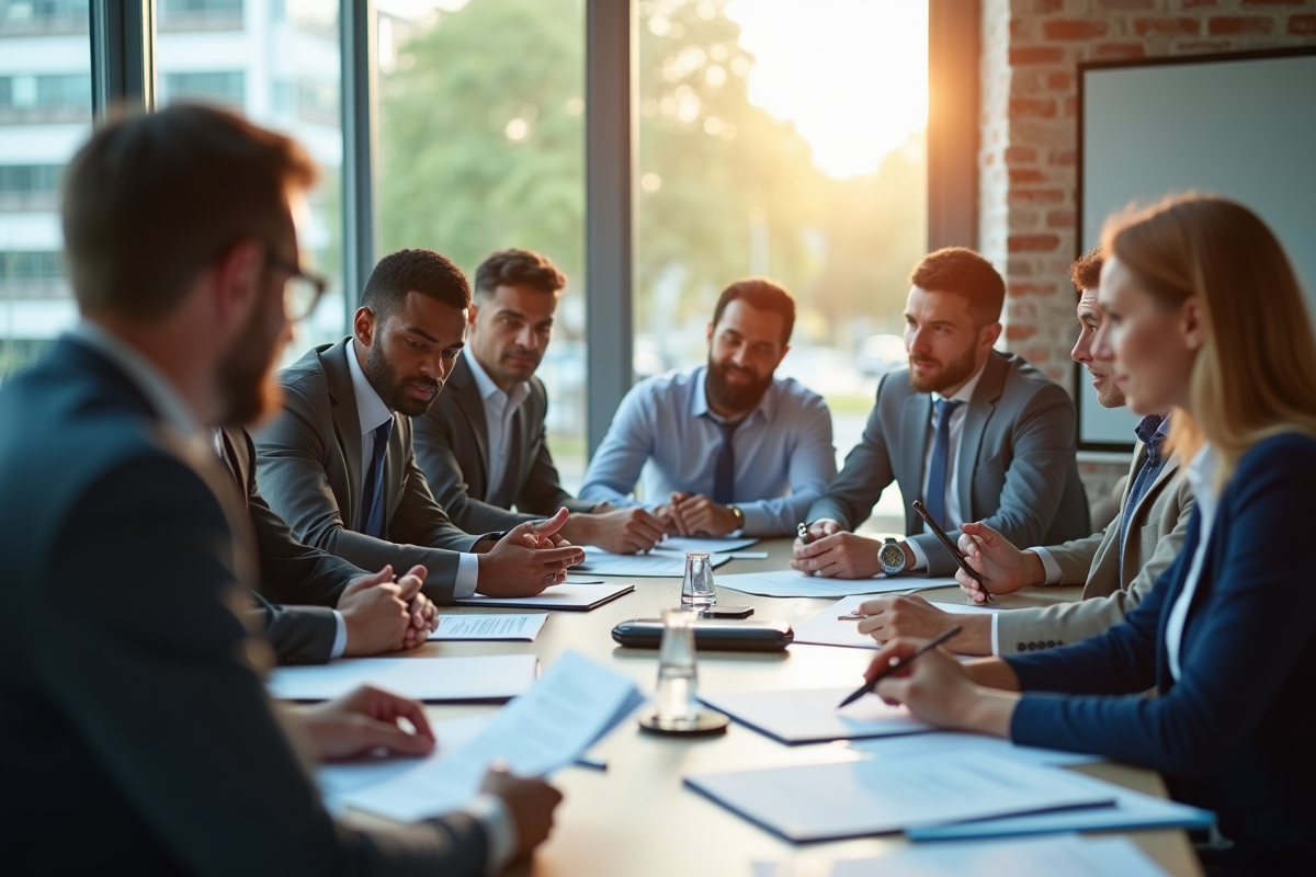 Groupe d'adultes en réunion d'affaires discutant de certificats