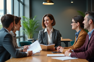 Femme en réunion d'équipe dans un bureau moderne