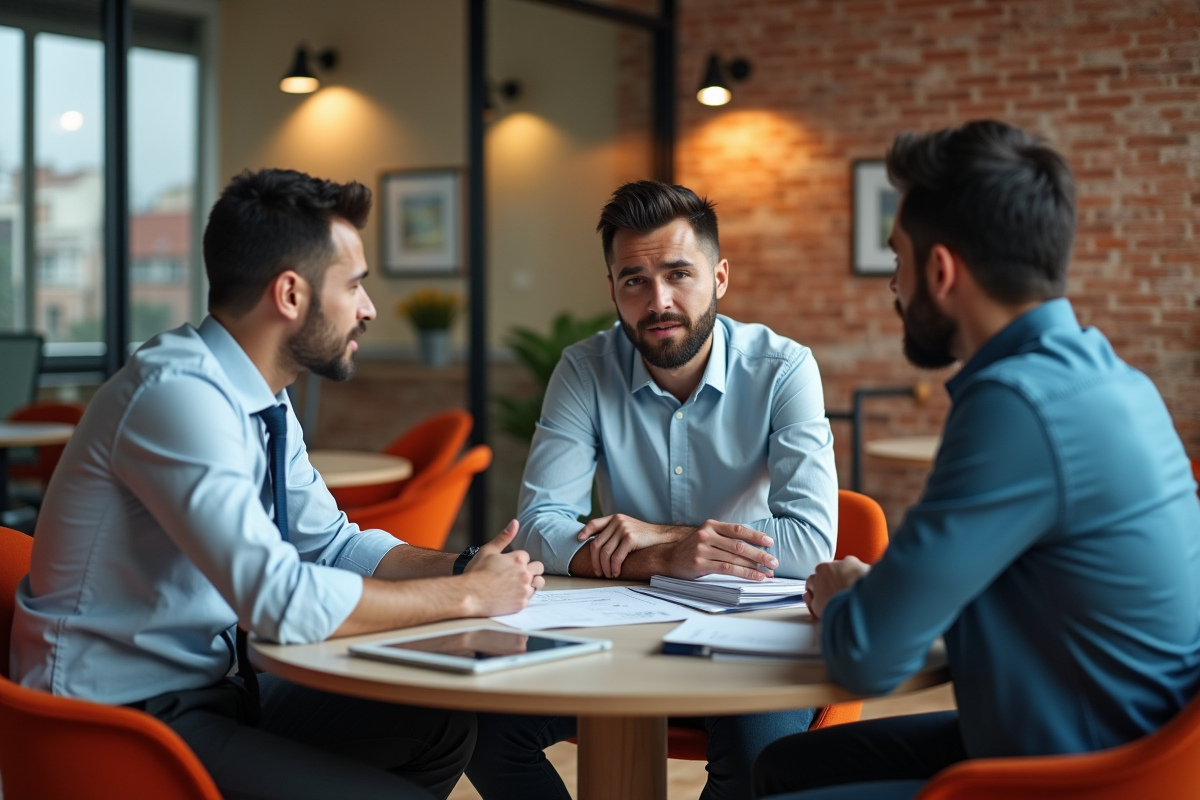 Groupe en réunion de travail dans un espace coworking moderne