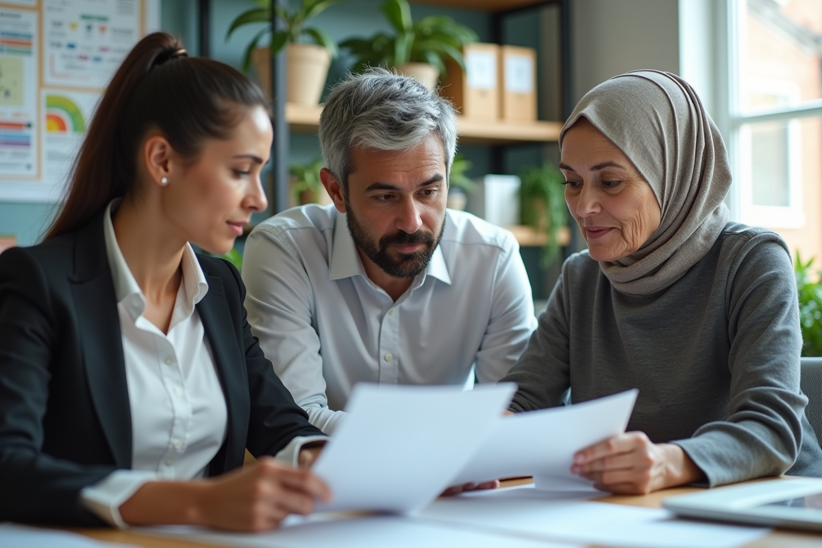 Groupe de professionnels discutant documents de sécurité