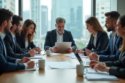 Groupe de professionnels en r&eacute;union dans un bureau lumineux