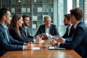 Groupe de professionnels en réunion dans un bureau moderne