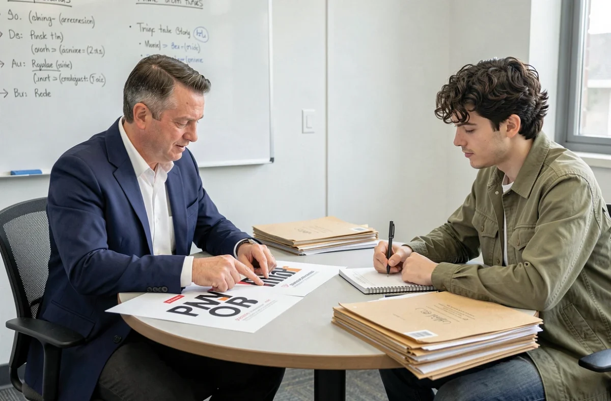 Directeur d'école et designer comparant des propositions de logo lors d'une réunion administrative
