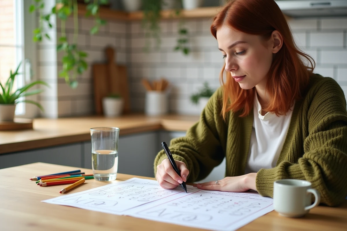 Mère qui révise et annote des exercices de CE1 en français et mathématiques imprimés sur une table en bois dans une cuisine moderne