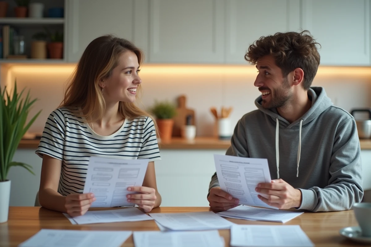 Deux amis s'interrogeant mutuellement sur les questions du permis de conduire à l'aide de fiches imprimées dans une cuisine